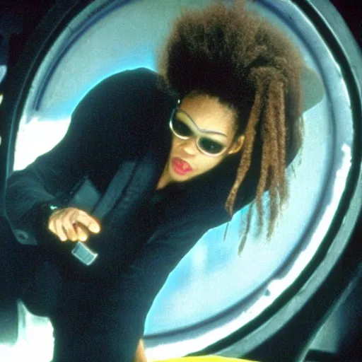 Prompt: Celia Rose Gooding as gender-switched Morpheus in The Matrix, interior of submarine, IMAX film, 1999