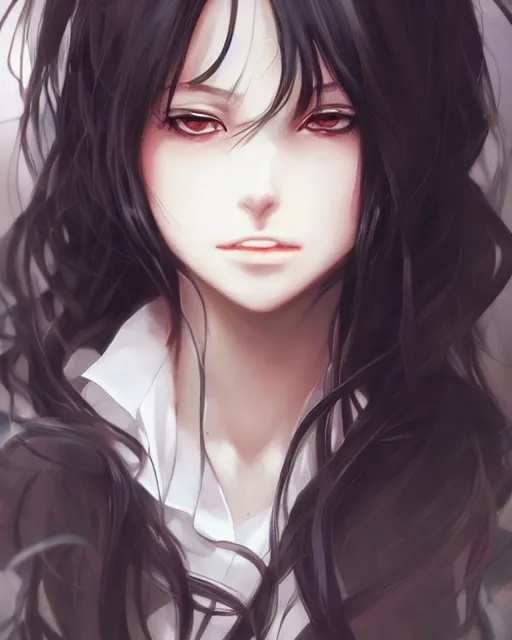 Image similar to An anime portrait of a beautiful girl with long black hair wearing a white blouse, by Stanley Artgerm Lau, WLOP, Rossdraws, James Jean, Andrei Riabovitchev, Marc Simonetti, and Sakimichan, tranding on artstation