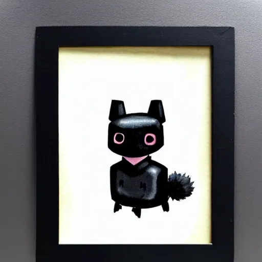 Prompt: a cute black robot pomeranian!!!. ( ( ( alcohol ink on parchment, muted colors, shading!!!, detailed, textured parchment background, 1 9 5 0 s concept art ) ) )