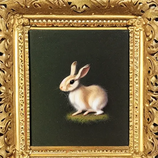 Prompt: oil painting in gilded frame, by george stubbs, tiny baby rabbit with googly eyes