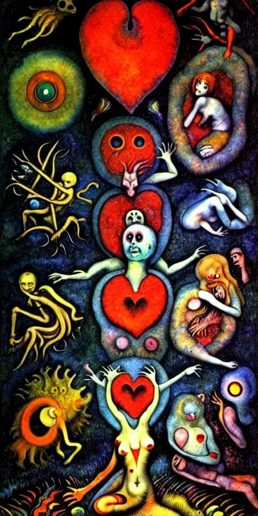 Image similar to mythical creatures and monsters in the visceral anatomical human heart imaginal realm of the collective unconscious, in a dark surreal mixed media oil painting by bosch and kandinsky, dramatic lighting from inner fire