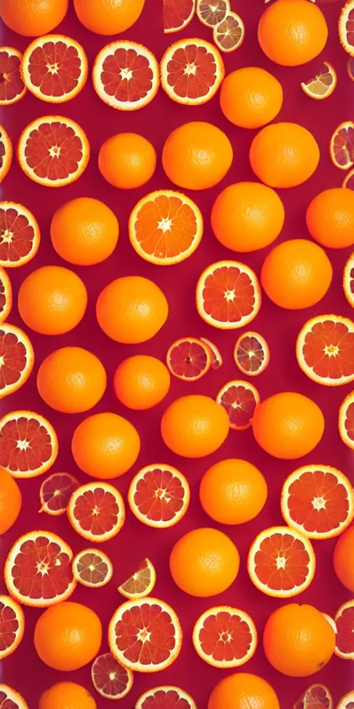 Image similar to campari and oranges organized in a seamless repeating pattern of campari and oranges, colourful, symmetrical, repeating 3 5 mm photography, in the style of toiletpaper magazine, surreal, high detail, photograph by slim aarons, wes anderson,