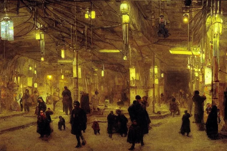 Prompt: people explore an underground city made of pipes, string lights, market place, by Ilya Repin