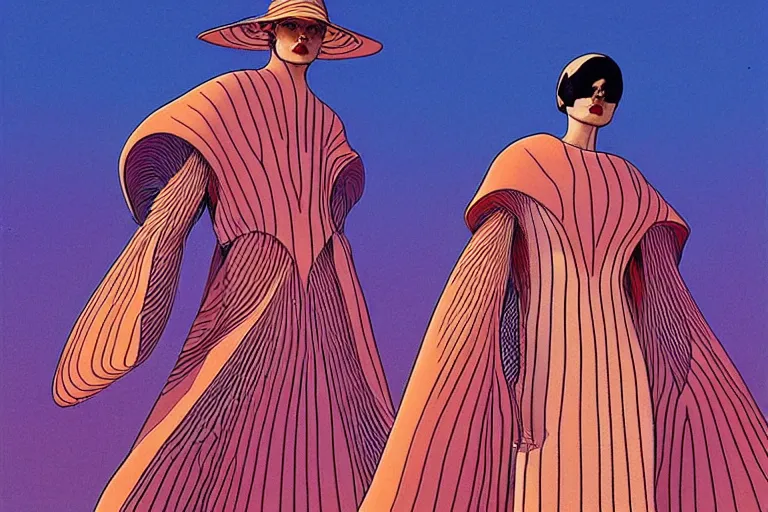 Prompt: fashion editorial in a world inspired by jean giraud moebius