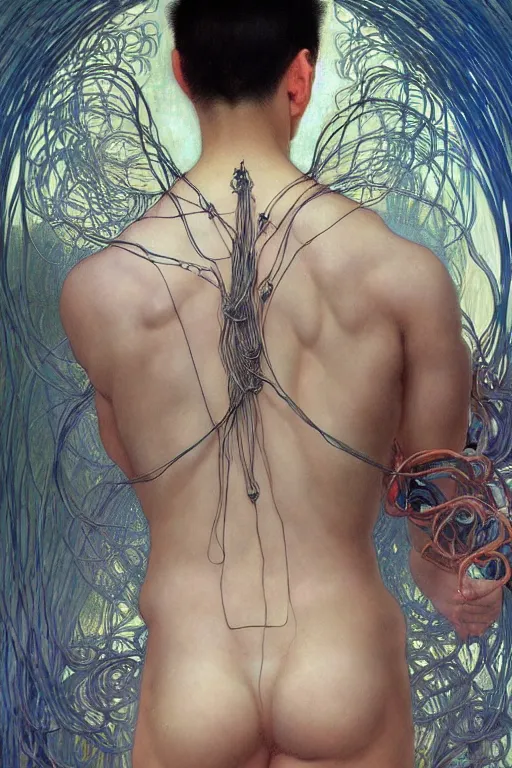 Image similar to hyperrealist portrait of the back of an attractive angelic asian man, it is decorated with long wires that fall like vines and wears small computers over their body. by jeremy mann and alphonse mucha, fantasy art, photo realistic, dynamic lighting, artstation, poster, volumetric lighting, very detailed faces, 4 k, award winning