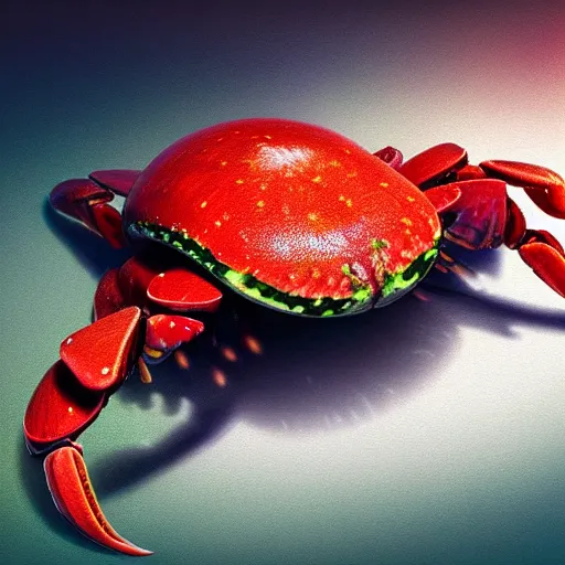 Image similar to photorealistic watermelon colored crab. hyperdetailed photorealism, 1 0 8 megapixels, amazing depth, glowing rich colors, powerful imagery, psychedelic overtones, 3 d finalrender, 3 d shading, cinematic lighting, artstation concept art