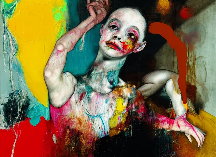 Prompt: portrait of nervous young girl ballerina sitting on the floor focusing in a dance hall by hernan bas and francis bacon and alberto seveso and pat steir and hilma af klint, psychological, photorealistic, symmetrical face, dripping paint, washy brush, matte painting, rendered in octane, altermodern, masterpiece