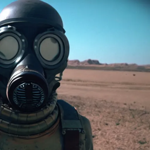 Prompt: a heavily armored man wearing a gasmask, in the desert, film still, panavision panaflex