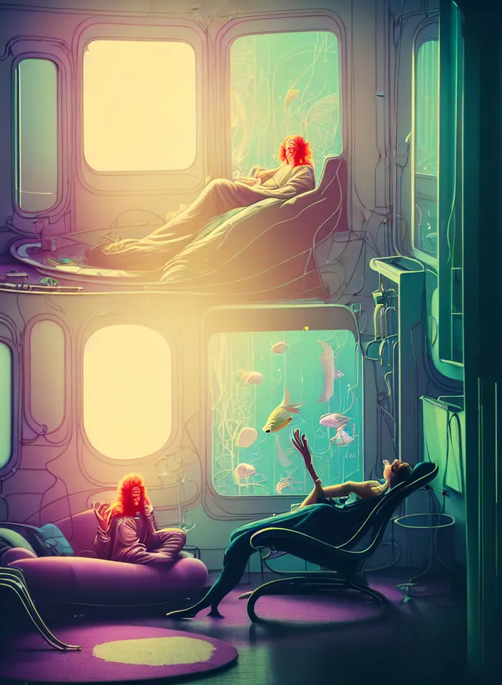 Image similar to telephoto 7 0 mm f / 2. 8 iso 2 0 0 photograph depicting the feeling of chrysalism in a cosy safe cluttered french sci - fi ( ( art nouveau ) ) cyberpunk apartment in a pastel dreamstate art cinema style. ( person relaxing living room near ) ( ( fish tank ) ), ambient light.