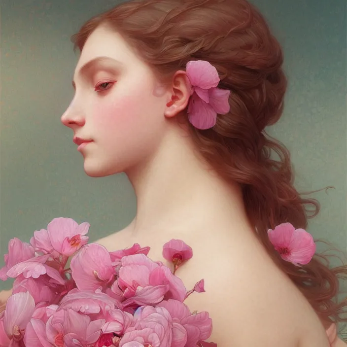 Image similar to pink petals with a shape of a human body, intricate, elegant, highly detailed, wonderful eyes, sweet, digital painting, artstation, concept art, smooth, sharp focus, illustration, art by artgerm and greg rutkowski and alphonse mucha and william - adolphe bouguereau