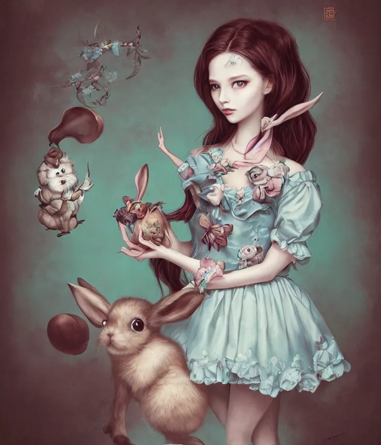 Prompt: pop surrealism, lowbrow art, realistic cute alice girl holding a bunny painting, japanese street fashion, hyper realism, muted colours, rococo, natalie shau, loreta lux, tom bagshaw, mark ryden, trevor brown style