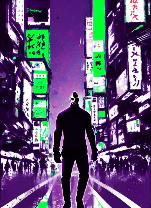 Prompt: jason statham as masked jaguar god walking in shinjuku, green and purple hour by ismail inceoglu