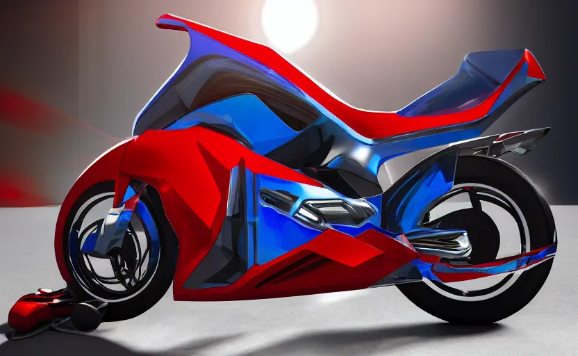 Image similar to prototype, futuristic touring motorbike, wipeout fusion style, show room in background, symmetrical mechanical features, slick tires, designed by professional, smooth curvatures, brushed red and blue paint, hard surfaces modelling, dramatic lighting, hyper realistic rendering, depth of field, bokeh effect, 4 k