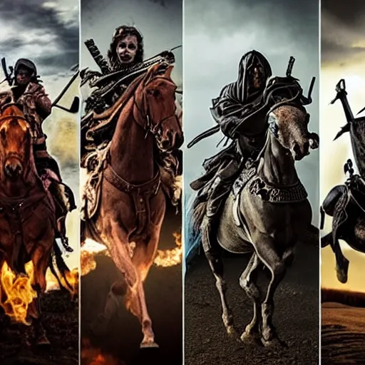 Prompt: the four horsemen of the apocalypse, featuring death, pestilence, war and famine