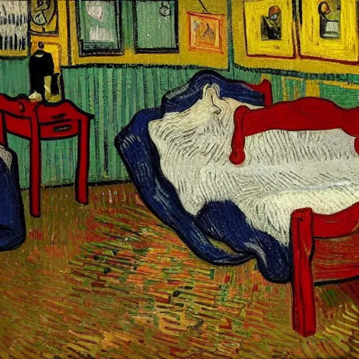 Image similar to a queen size bed taking a huge dump on amber heard after she had fallen into a puddle. in the smart style of vincent van gogh. ultra high resolution. high detail. high contrast.