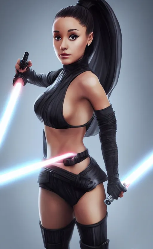 Prompt: Ariana Grande as an evil Sith lord trained by Darth Vader and preparing for a lightsaber duel Star Wars, artstation, Octane Render, 8K resolution, photo realism character art by Artgerm