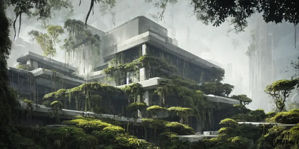 Image similar to concrete architecture with moss and ivy growing all over, futuristic, late afternoon light, dramatic sky, by frank lloyd wright and greg rutkowski and ruan jia