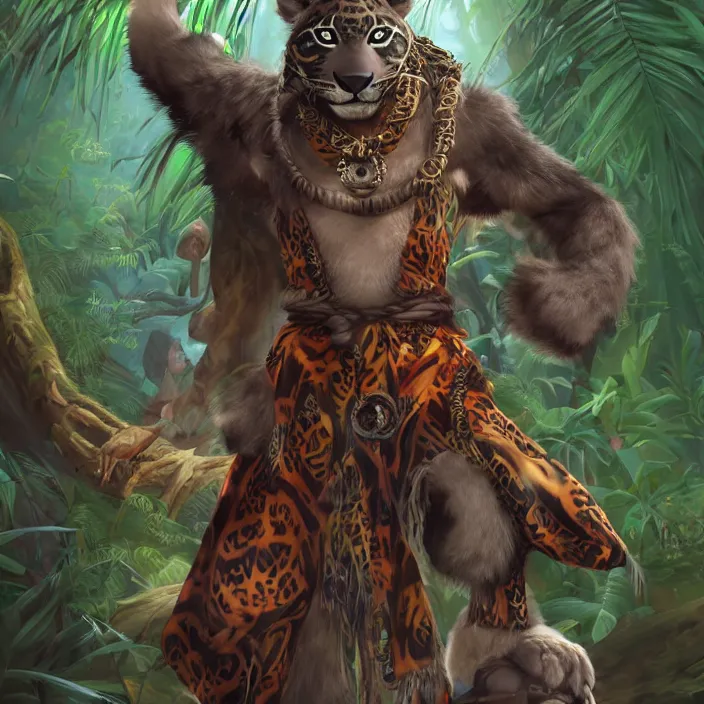 Image similar to character portrait feature of the anthro male anthropomorphic jaguar fursona animal person wearing shaman tribal outfit robes belt standing in the amazon rainforest, well framed character design stylized by charlie bowater, ross tran, artgerm, makoto shinkai, detailed, soft lighting, rendered in octane