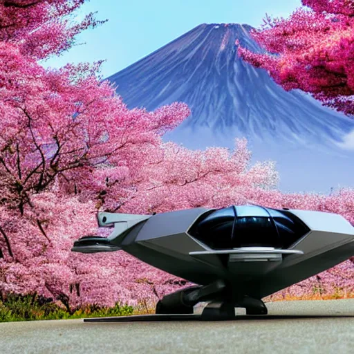 Image similar to a futuristic dieselpunk vehicle fused into hover craft 2 0 8 9 futuristic version, cyberpunk look hovering by mount fuji early in the morning with a few blossom trees around, high quality photo