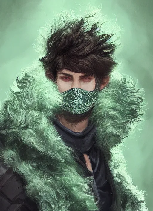 Prompt: a highly detailed illustration of young thick wavy messy haired guy wearing green face mask and brown noir coat, dramatic bored expression, intricate, elegant, highly detailed, centered, digital painting, artstation, concept art, smooth, sharp focus, league of legends concept art, wlop