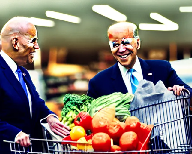 Image similar to joe biden and trump buying groceries. center frame medium shot, shot on technicolor cinemascope 35mm anamorphic lense, flare