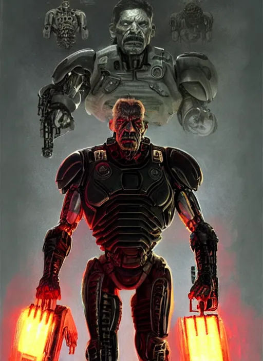 Image similar to danny trejo as victor stone, full body concept, cyborg, borg, strogg, face of a man, terminator, flesh, quake strogg, doom demon, wolfenstein, monstrous, powerful, symmetry, symmetrical, concept art by ruan jia and greg rutkowski