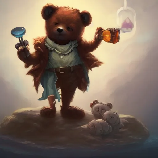 Image similar to cute little anthropomorphic Teddy Bear smoking weed, cover art, ultra wide lens shot , tiny, small, short, cute and adorable, pretty, beautiful, DnD character art portrait, matte fantasy painting, DeviantArt Artstation, by Jason Felix by Steve Argyle by Tyler Jacobson by Peter Mohrbacher, cinematic lighting