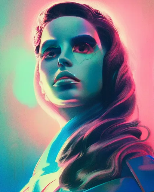 Prompt: portrait of lana del rey as a cyborg. realist abstract. key art. blue, pink, intricate artwork. by tooth wu, wlop, beeple, dan mumford. 8 k octane render, trending on artstation, greg rutkowski very coherent symmetrical artwork. cinematic, hyperrealism, very detailed, iridescent accents