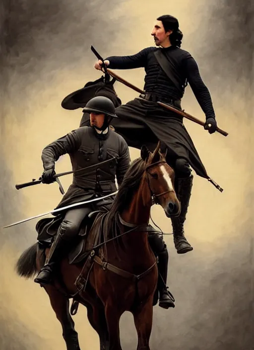 Image similar to painting of adam driver riding on horses with john oliver, stoic, full body, military uniform, fantasy, intricate, elegant, beautiful, highly detailed, charcoal, centered, dark, smokey, digital painting, artstation, concept art, smooth, sharp focus, illustration, art by artgerm and greg rutkowski and alphonse mucha