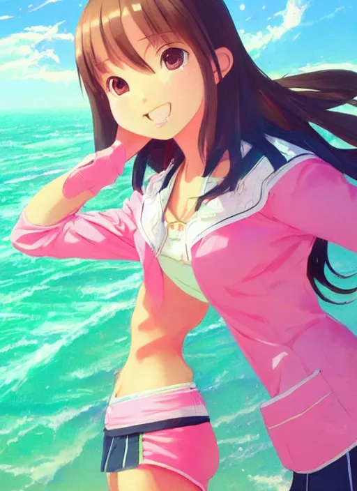 Prompt: a beautiful woman wearing pink school girls unform, bright colors, highly detailed, green ocean background, concept art, matte, trending on artstation, anime, art by wlop and artgerm and greg rutkowski, ilya kuvshinov, strong strokes, photo of asuna from sao