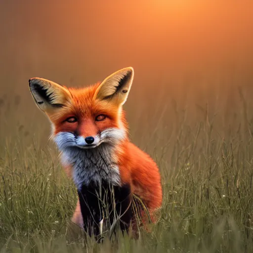 Prompt: a fox sitting in a field at sunrise