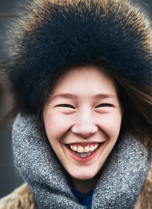 Image similar to Mid-shot portrait of a beautiful 20-year-old woman from Iceland, wide smile, happy, candid street portrait in the style of Martin Schoeller award winning, Sony a7R