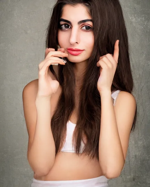 Image similar to a highly realistic, true to life portrait of a beautiful young middle eastern girl, with a symmetrical face, sharp focus, from the waist up, with sharp features, a beautiful face, soft smile, under studio lighting, taken with a canon eos camera with 1 3 5 mm focal length