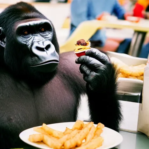 Image similar to 35mm photo of a gorilla eating a burger inside a McDonald's joint
