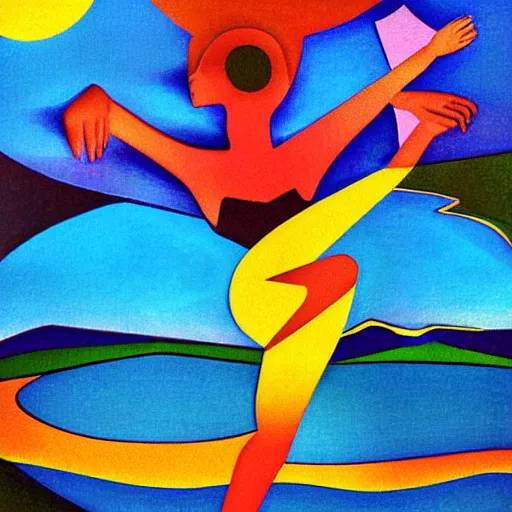 Image similar to woman woman danced by the river as the sun rose behind the mountains , high quality digital art in the style of cubism and georgia o’ keefe,
