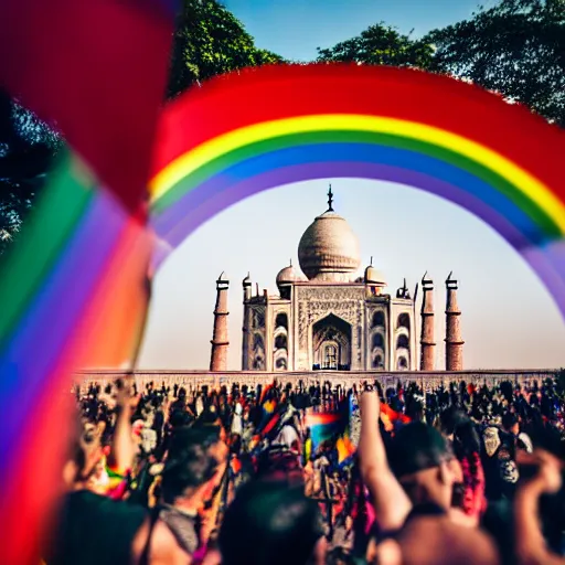 Prompt: photo of crowd of men wearing leather clothes with rainbow flags dancing at ( ( ( ( taj mahal ) ) ) ), well framed, sharp focus, 8 k, beautiful, award winning photo, highly detailed, intricate, centered, soft clouds