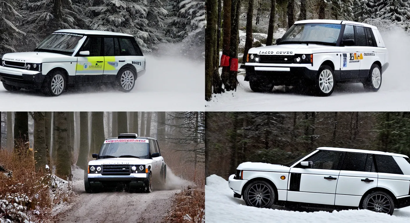 Prompt: a 2 0 0 8 land - rover range rover supercharged, racing through a rally stage in a snowy forest