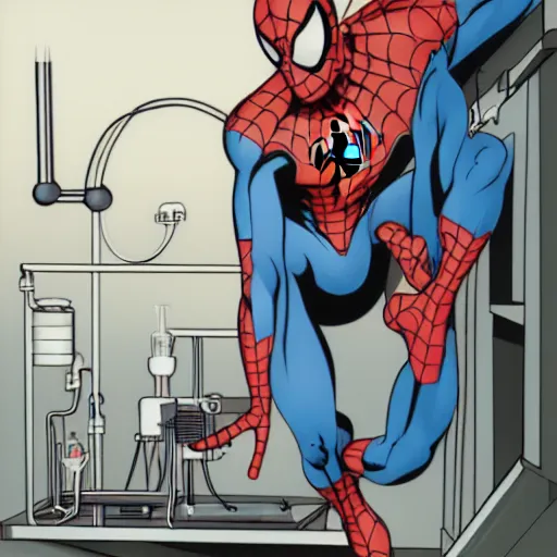 Image similar to medium shot artistic photo of spiderman working as a scientist experimenting in a dark lab, ultra detailed