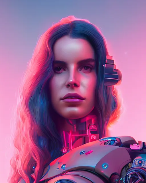 Prompt: portrait of cyborg lana del rey. intricate abstract. intricate artwork cyberpunk by tooth wu, wlop, beeple, dan mumford. octane render, trending on artstation, greg rutkowski ruan jia, cinematic lighting, hyper realism, high detail, octane render, 8 k, key art, blue and pink, iridescent accents