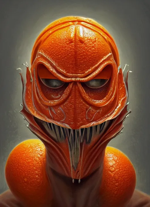 Image similar to orange slice mf doom reptile eyes, metal orange peel skin. intricate, elegant orange juice, highly detailed, centered, digital painting, artstation, concept art, smooth, sharp focus, illustration, artgerm, tomasz alen kopera, peter mohrbacher, donato giancola, joseph christian leyendecker, wlop, frank frazetta