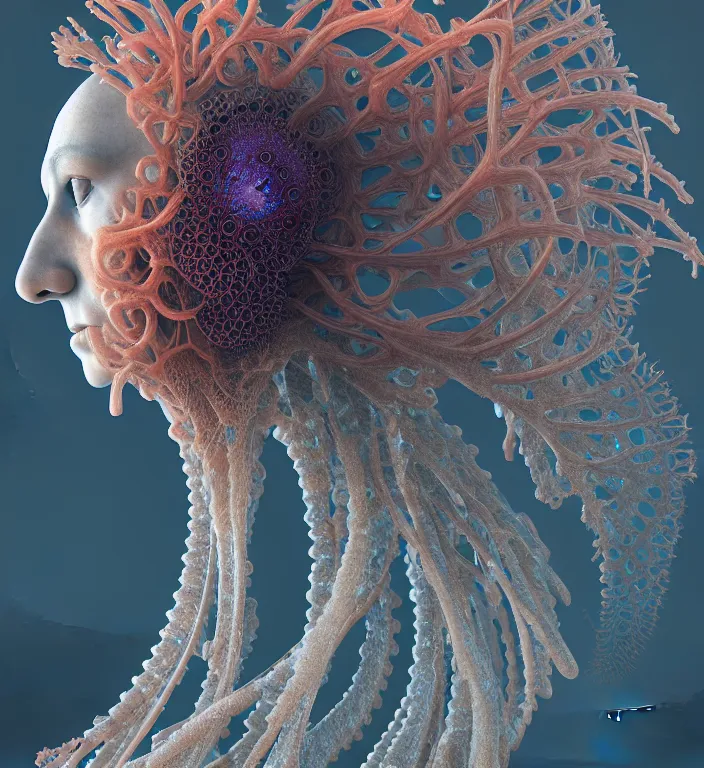 Image similar to portrait intricate mask, eagle coral, jelly fish, mandelbulb 3 d, fractal flame, octane render, cyborg, biomechanical, futuristic, by ernst haeckel