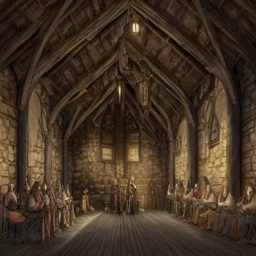 Prompt: medieval hall with king, royalty, courtisans, monks, artstation, fantasy, high details, digital art