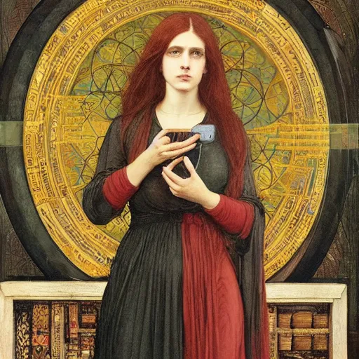 Prompt: symmetric pre - raphaelite painting of a mystic female neuroscientist holding a microprocessor in her hands, by waterhouse, surround by brain structure patterns and mathematical drawings