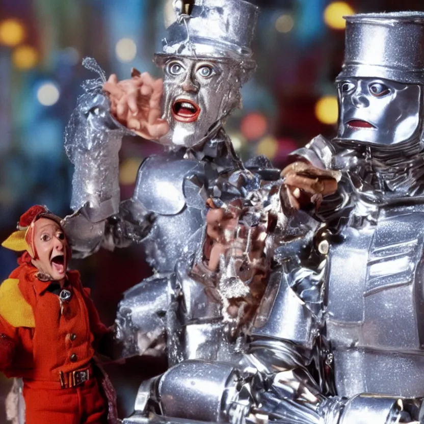 Image similar to a still from a tv commercial for an action figure of happy christopher walken as the tin man from the wiz the movie, singing & dancing, 4 k, highly detailed, award winning, look at all that detail!