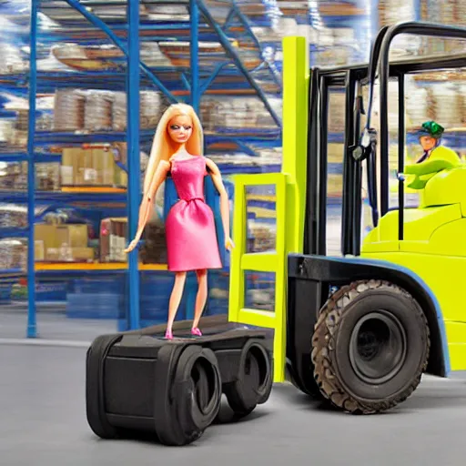 Image similar to barbie doll in construction gear, driving a fork - lift, in front of a large warehouse