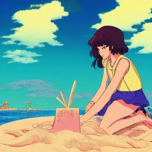 Image similar to girl making a sand castle on the beach, sprite, vaporwave nostalgia, visual novel cg, 8 0 s anime vibe, studio ghibli, sketch by by osamu tezuka, directed by beat takeshi, wallpaper, ultra hd, vlc screenshot