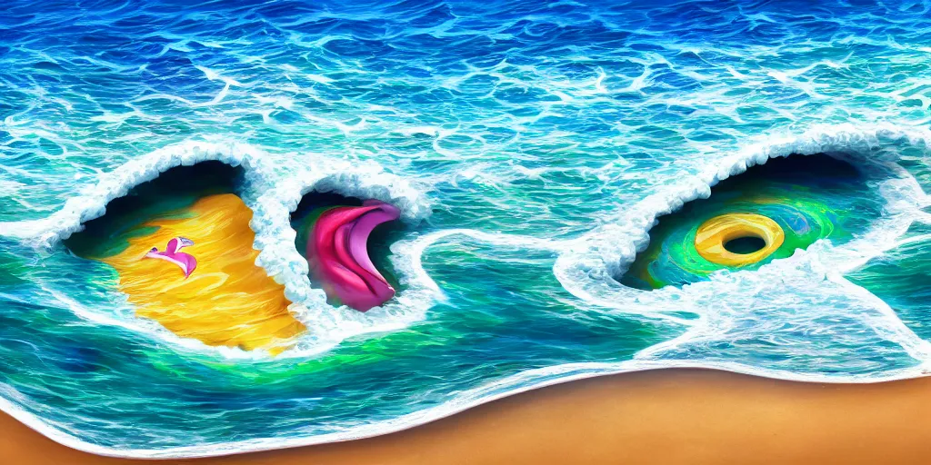 Image similar to A surrealist beach shaped like a singing mouth, the waves are made musical notes, one wave is shaped like the mouths tongue, Very colorful painting 8k trending on art station, Intricate details, very realistic, cinematic lighting, volumetric lighting,