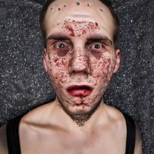 Image similar to a caucasian man with the most acne in the world. acne on face, acne on body, huge zits all over body, desperate, depression, dark mood, hate life