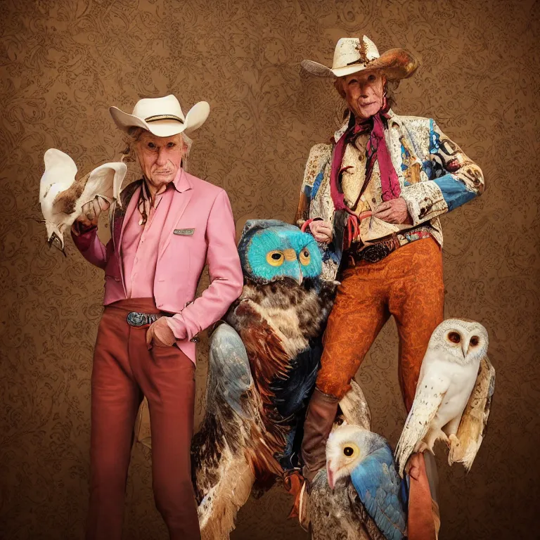 Image similar to high fashion photoshoot octane render portrait by wayne barlow and carlo crivelli and glenn fabry, a distinguished old cowboy wearing a colorful wes anderson designed cowboy costume and holding a barn owl inside a high - end exotic colorful pastel vintage boutique hotel lounge, very short depth of field, bokeh