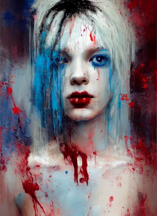 Image similar to painting of a beautiful goddess with blue hair, unclothed, soaked in blood, her beating heart exposed, she stares directly at the viewer, by Jeremy Mann, stylized, detailed, realistic, grim, dark tones, intimate, loose brush strokes